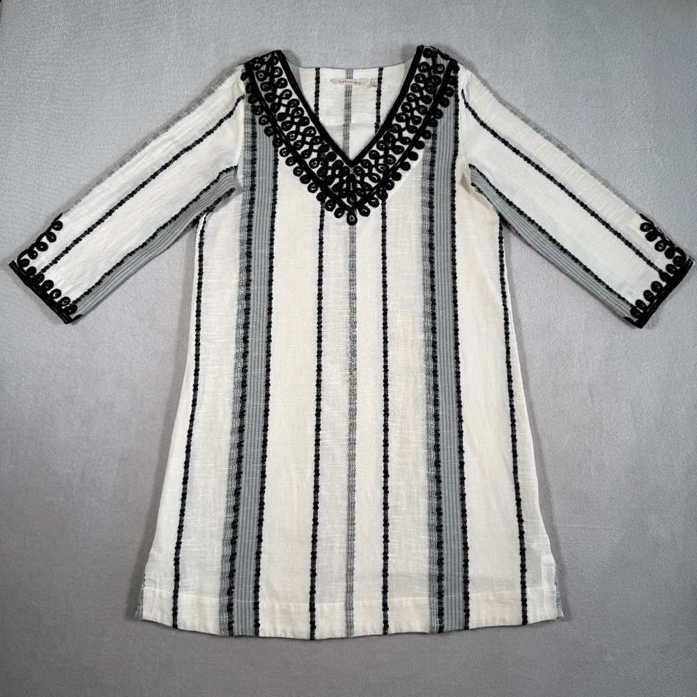 Soft Surroundings Dress Womens Small Cream Stripe Coco De Mer Embroidered V-Neck